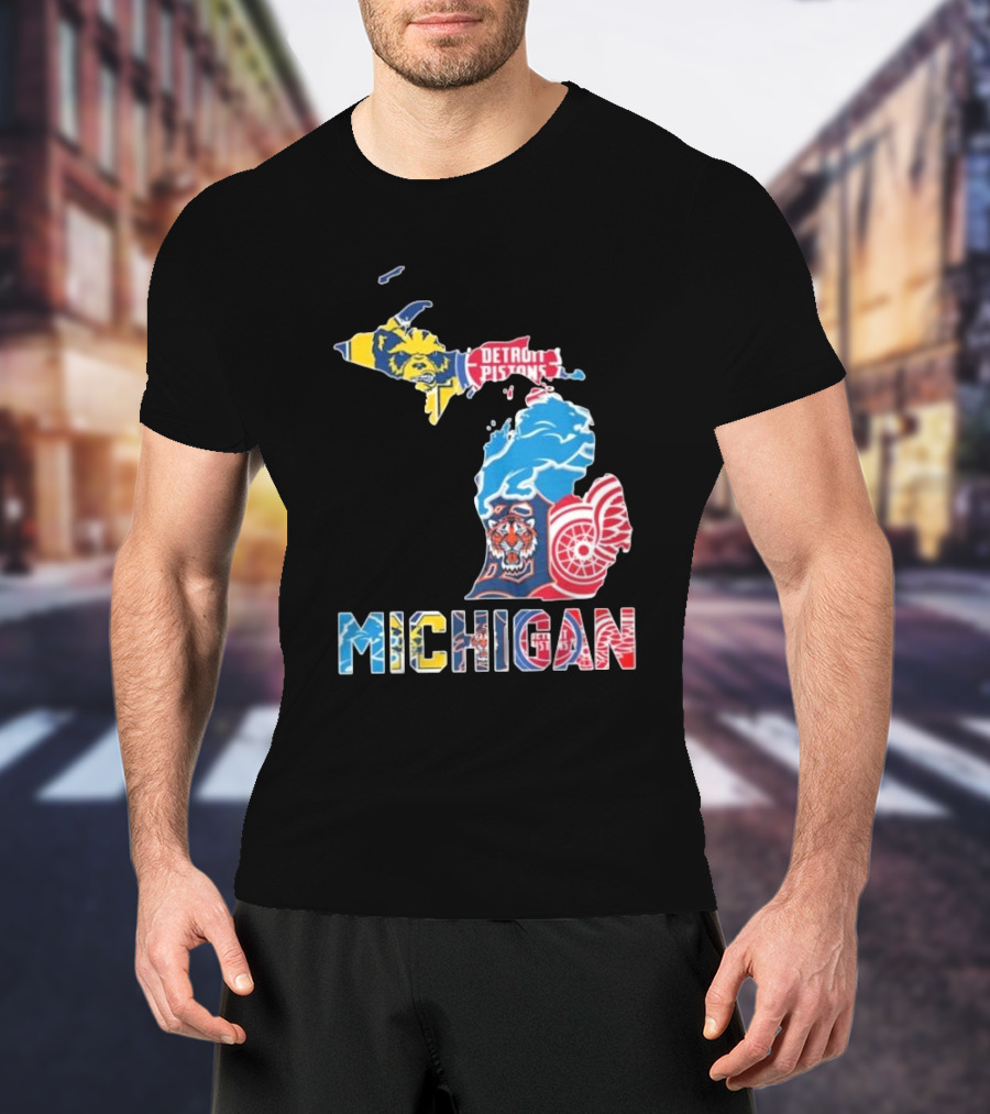 Michigan Wolverines Detroit Tigers Lions Pistons Red Wings Map T-Shirt