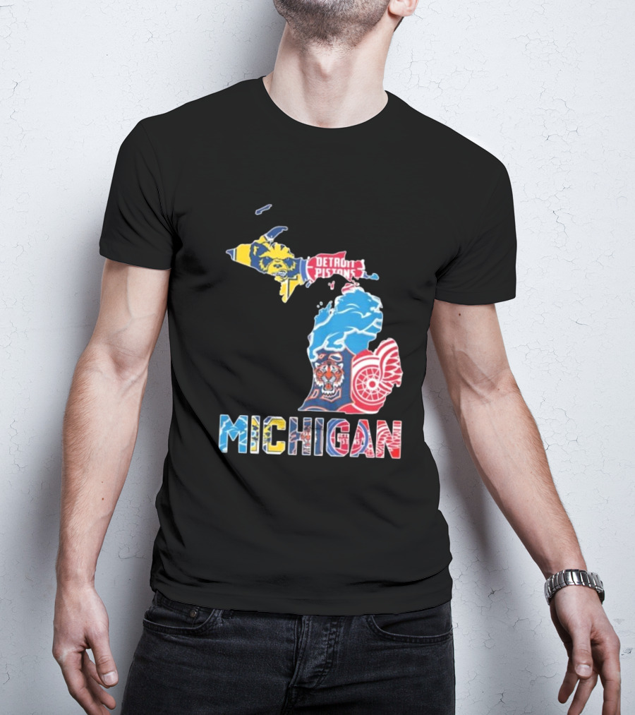 Michigan Wolverines Detroit Tigers Lions Pistons Red Wings Map T-Shirt