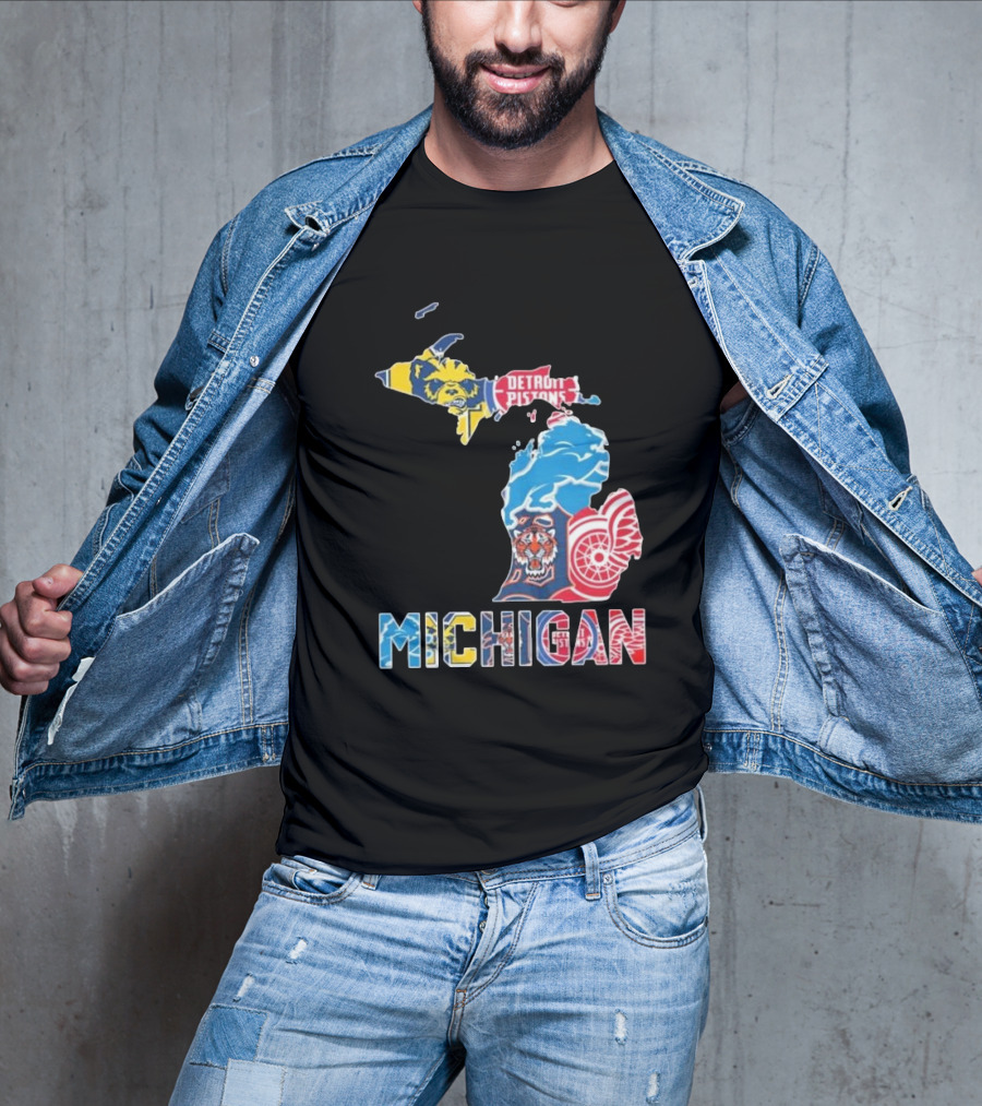 Michigan Wolverines Detroit Tigers Lions Pistons Red Wings Map T-Shirt