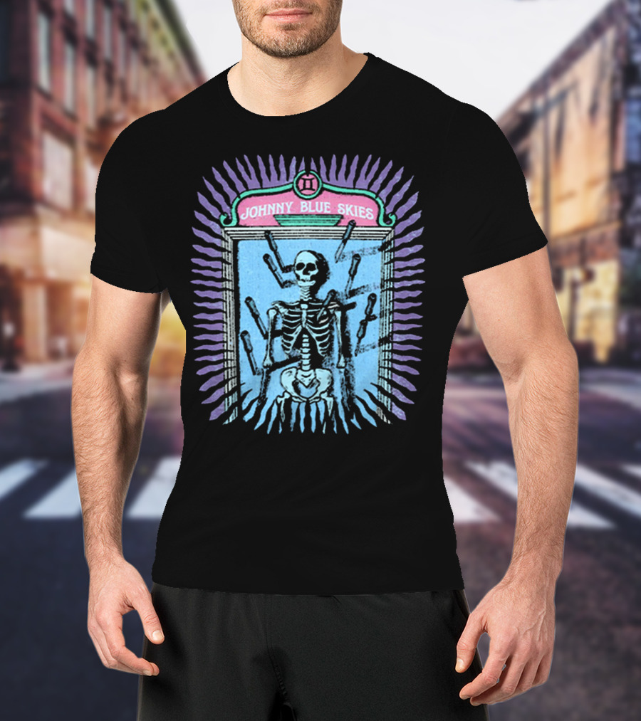 Johnny Blue Skies Skeleton Framed With Knives And Purple Aura T-Shirt