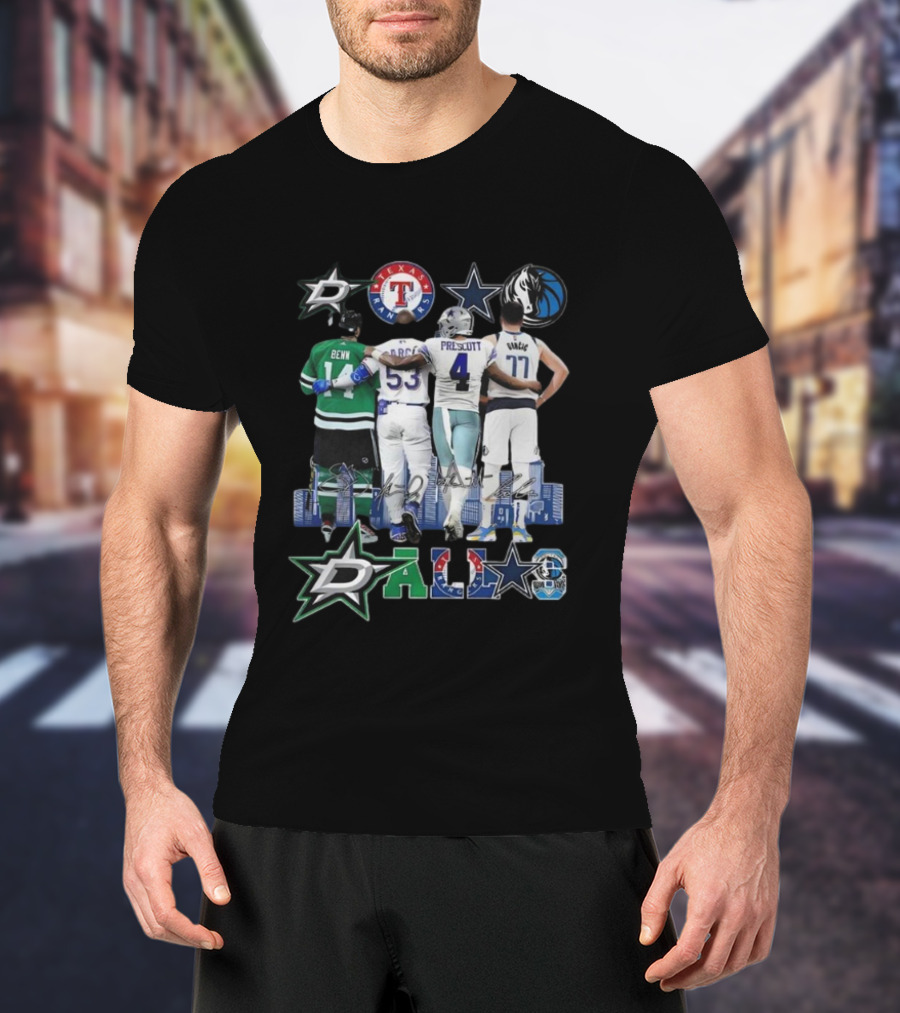 Dallas Mavericks Doncic Stars Benn Texas Rangers Cowboys Prescott Skyline Signatures T-Shirt