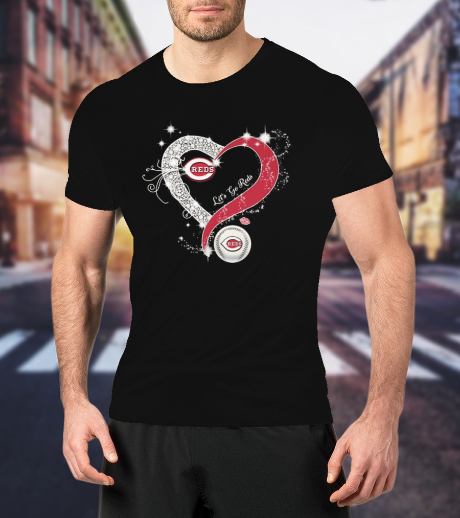 Cincinnati Reds Heart Emblem Let's Go Reds Sparkling T-Shirt