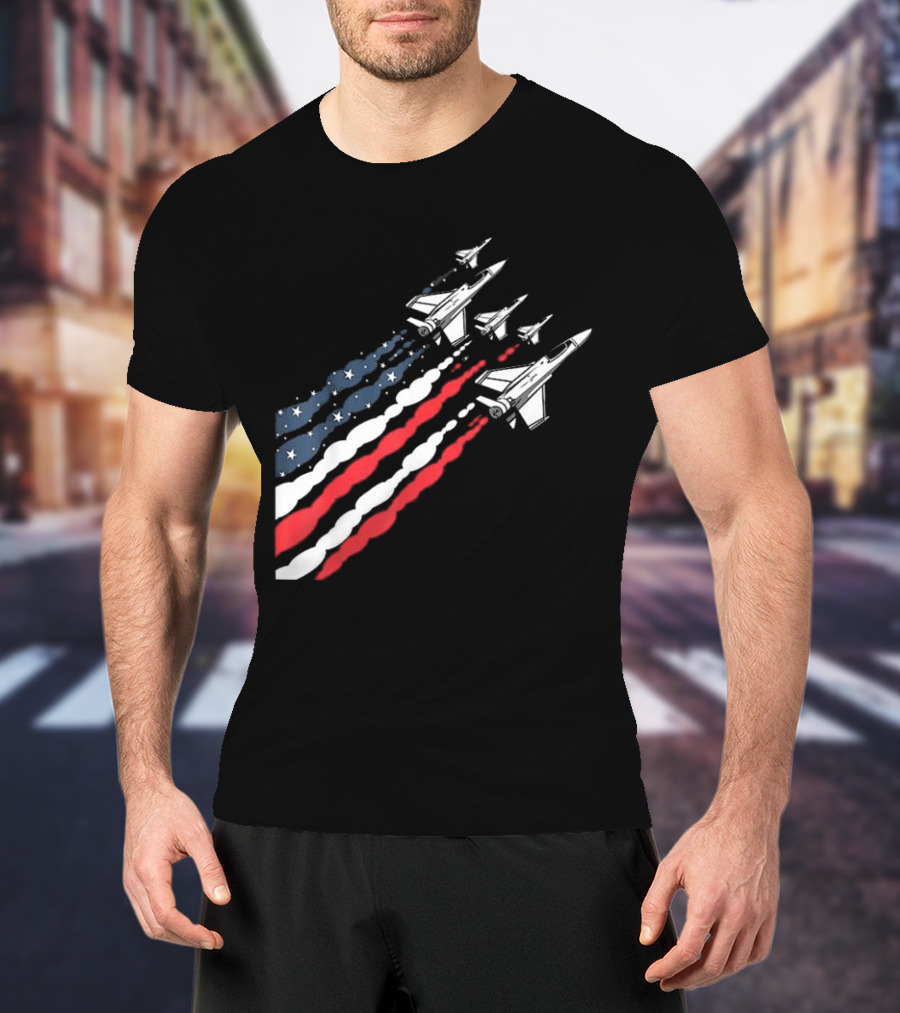 Vintage Patriotic Fighter Jet Airplane With American Flag Trail T-Shirt