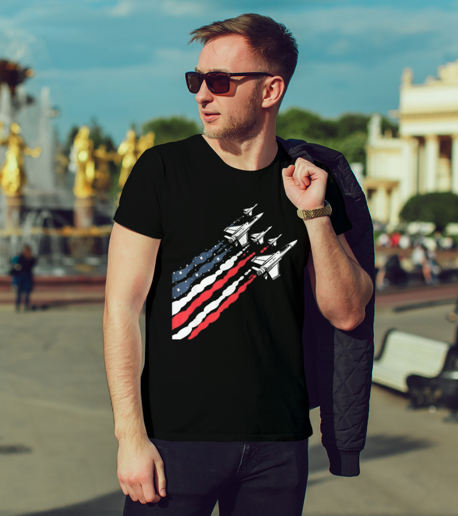 Vintage Patriotic Fighter Jet Airplane With American Flag Trail T-Shirt