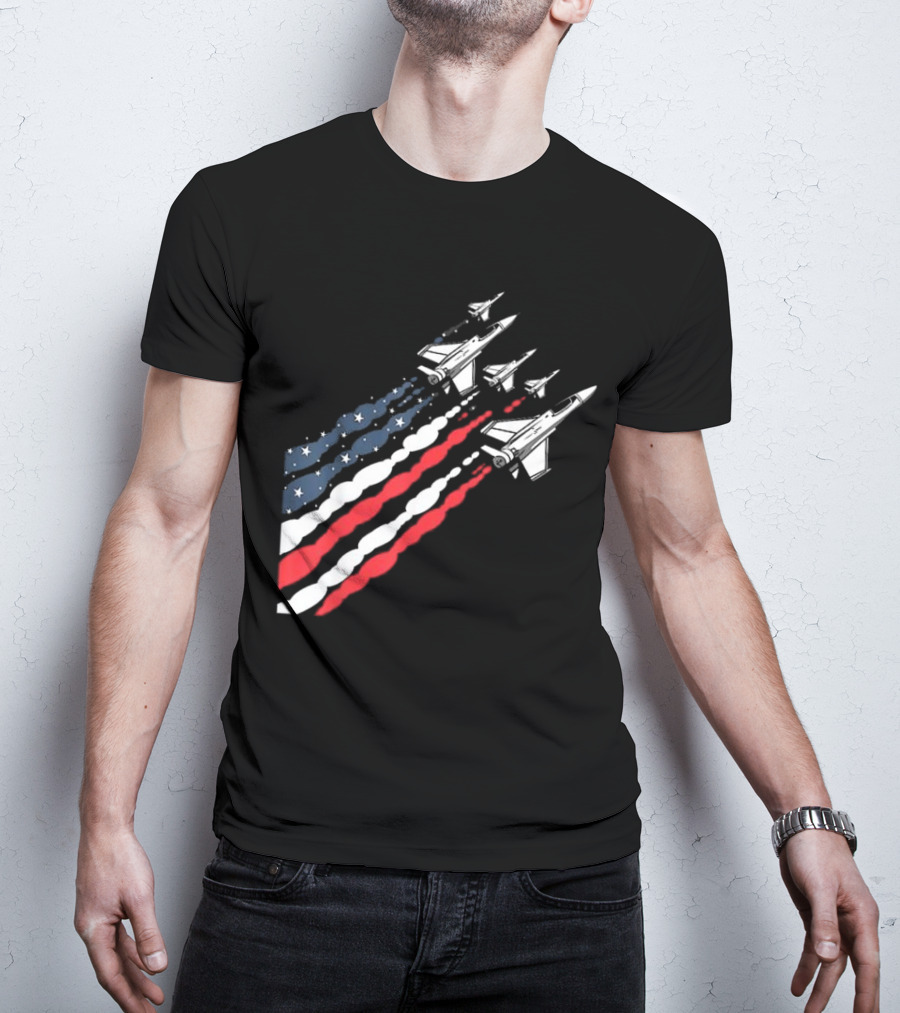 Vintage Patriotic Fighter Jet Airplane With American Flag Trail T-Shirt