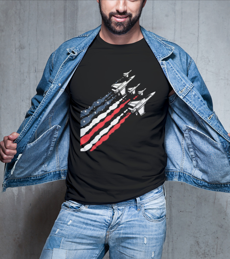 Vintage Patriotic Fighter Jet Airplane With American Flag Trail T-Shirt