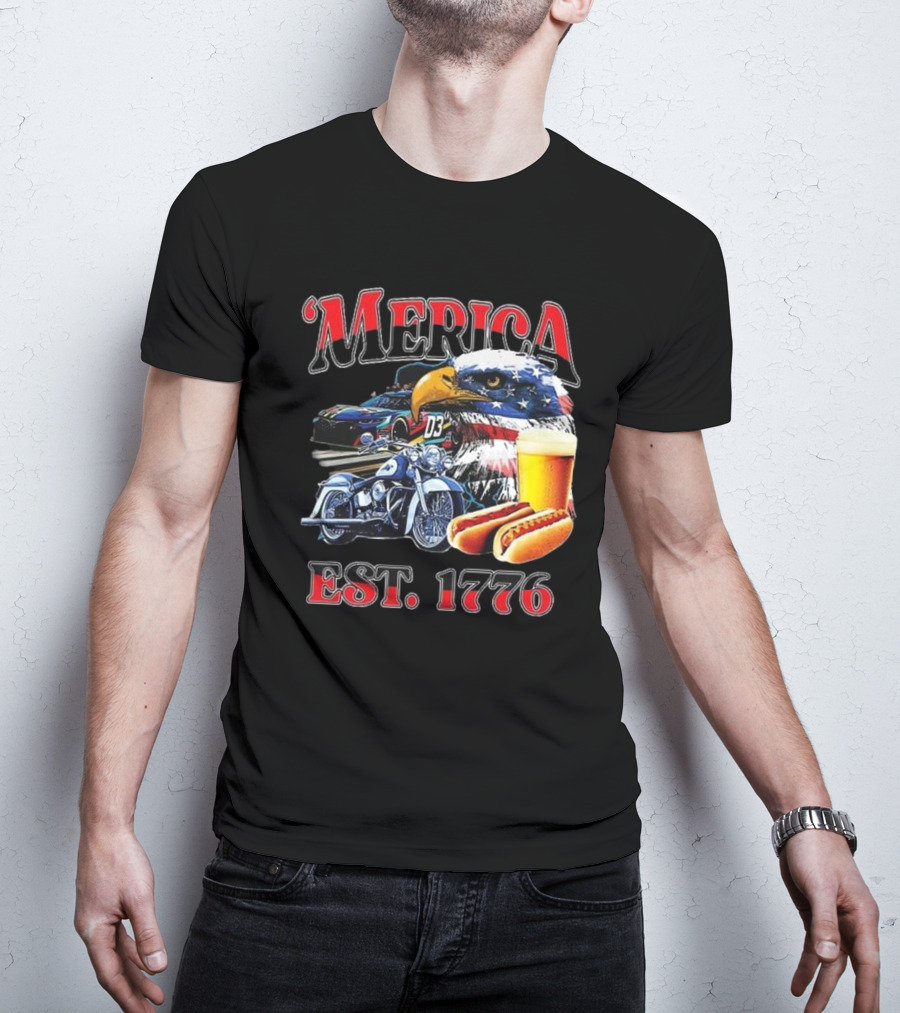 'Merica Bald Eagle Motorbike Beer Hotdogs Cars Est. 1776 T-Shirt