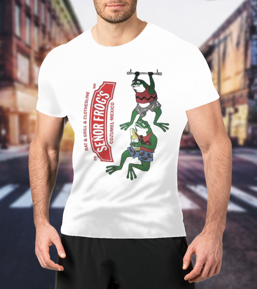 Senor Frog's Cozumel Mexico Bar And Grill Clothesline With Frogs In Striped Shirts And Shorts With Beer And Weights T-Shirt