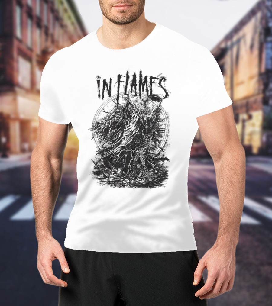 In Flames Cloaked Ghoul Dark Shrouded Figure With Clock Background T-Shirt