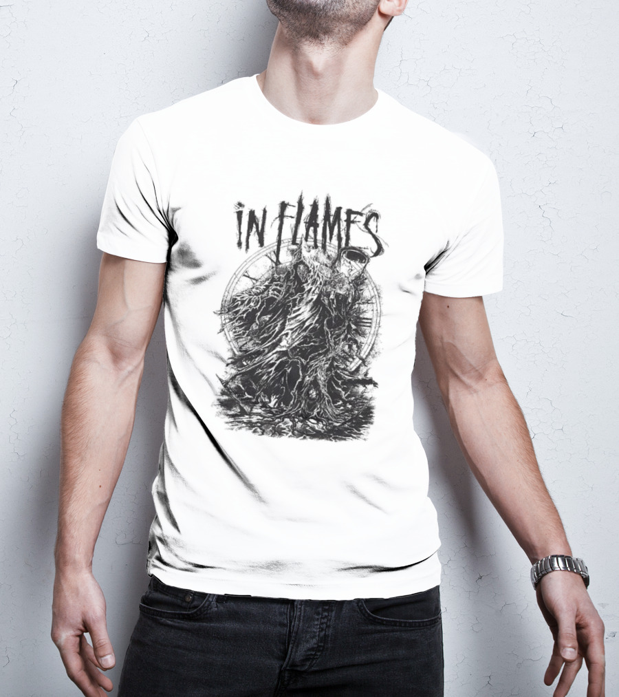 In Flames Cloaked Ghoul Dark Shrouded Figure With Clock Background T-Shirt