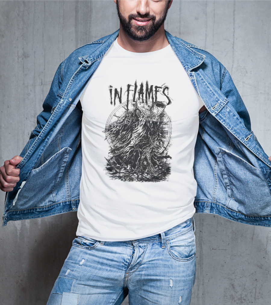 In Flames Cloaked Ghoul Dark Shrouded Figure With Clock Background T-Shirt