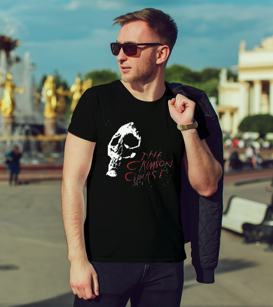 The Crimson Curse Skull White And Red Text With Skull T-Shirt