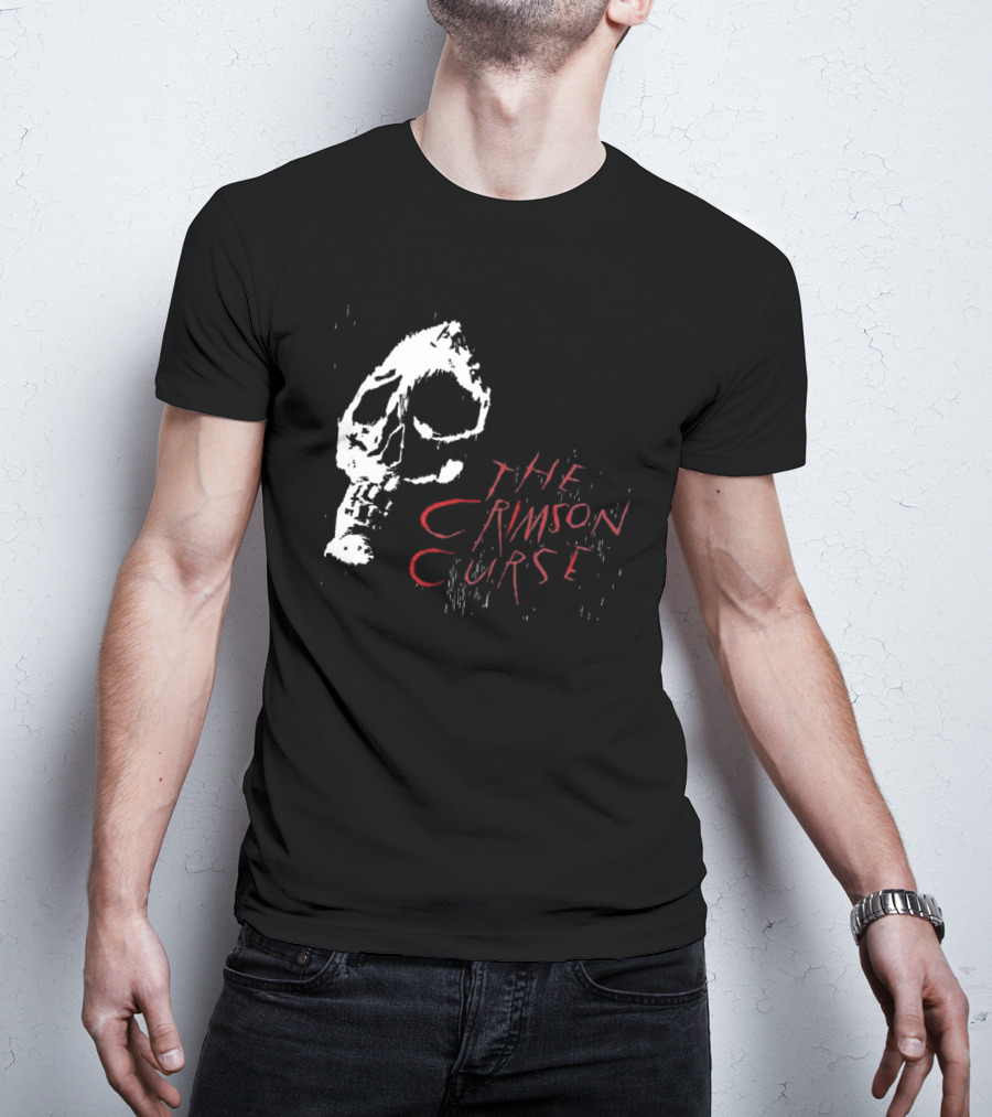 The Crimson Curse Skull White And Red Text With Skull T-Shirt