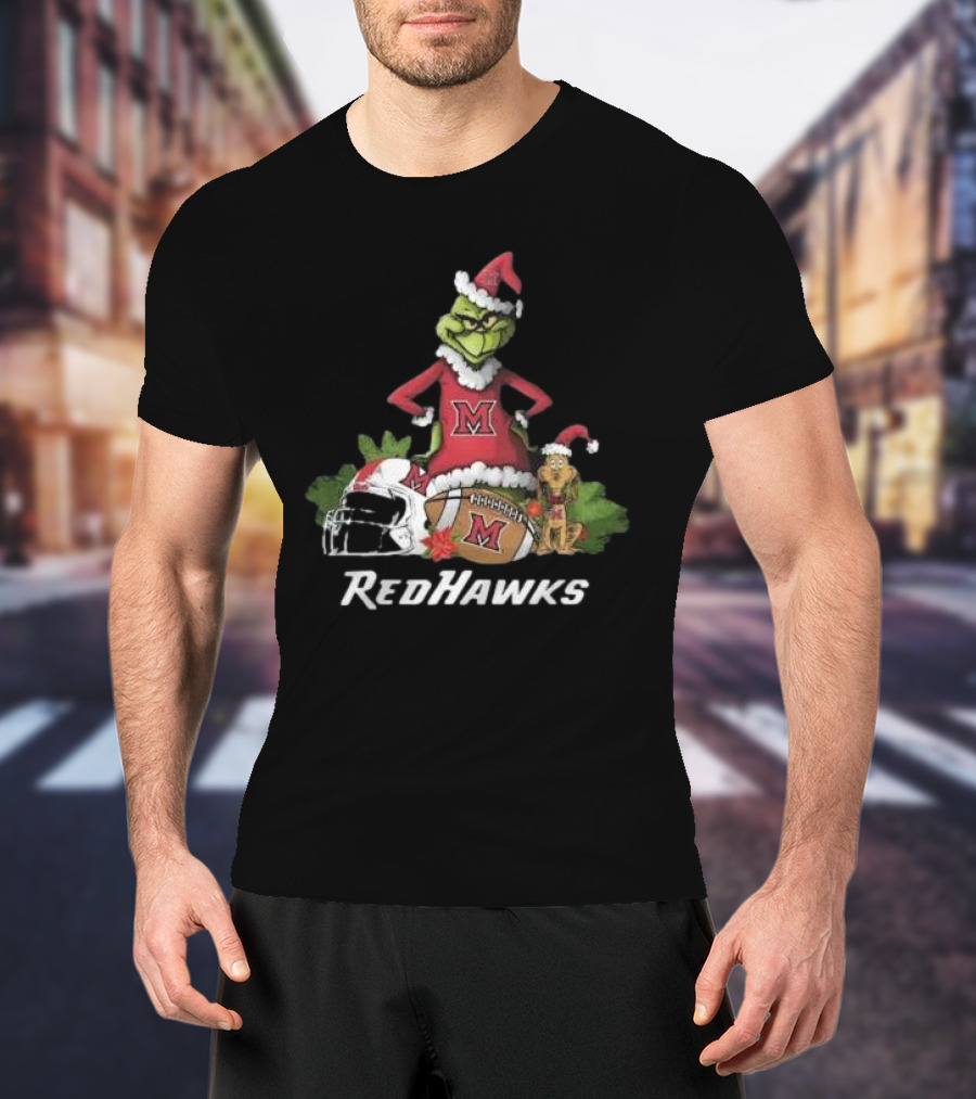 Grinch Santa And Dog With Miami RedHawks Rugby Helmet Merry Christmas T-Shirt