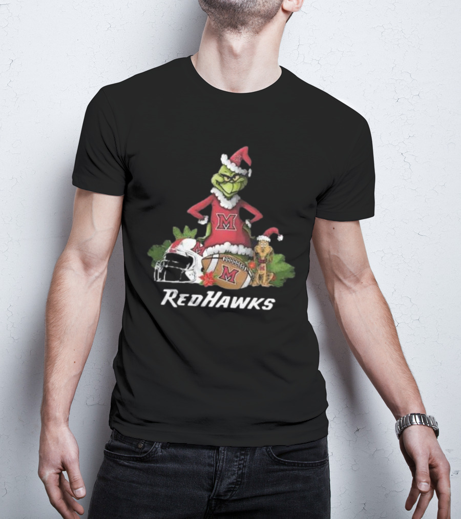 Grinch Santa And Dog With Miami RedHawks Rugby Helmet Merry Christmas T-Shirt