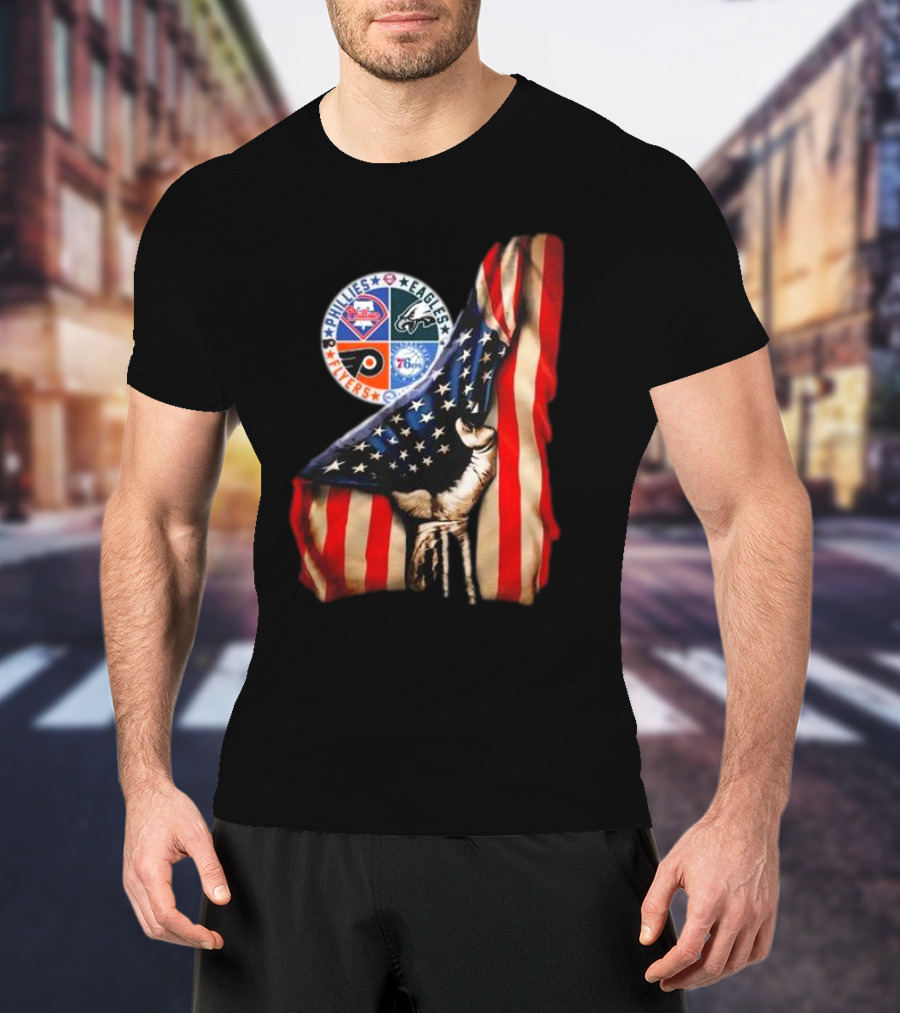 Philadelphia Phillies Eagles Flyers 76ers Hand Pulling American Flag T-Shirt