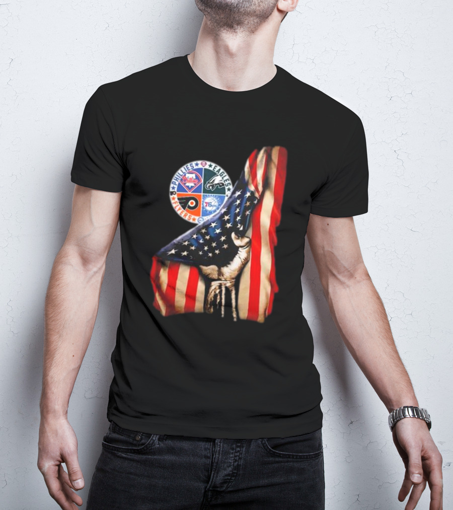 Philadelphia Phillies Eagles Flyers 76ers Hand Pulling American Flag T-Shirt