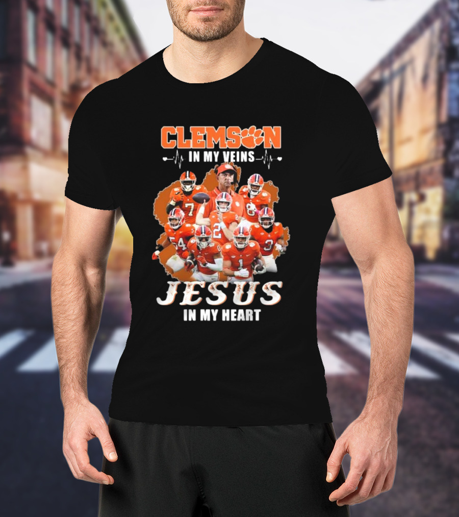 Clemson In My Veins Jesus In My Heart Football Team Collage T-Shirt