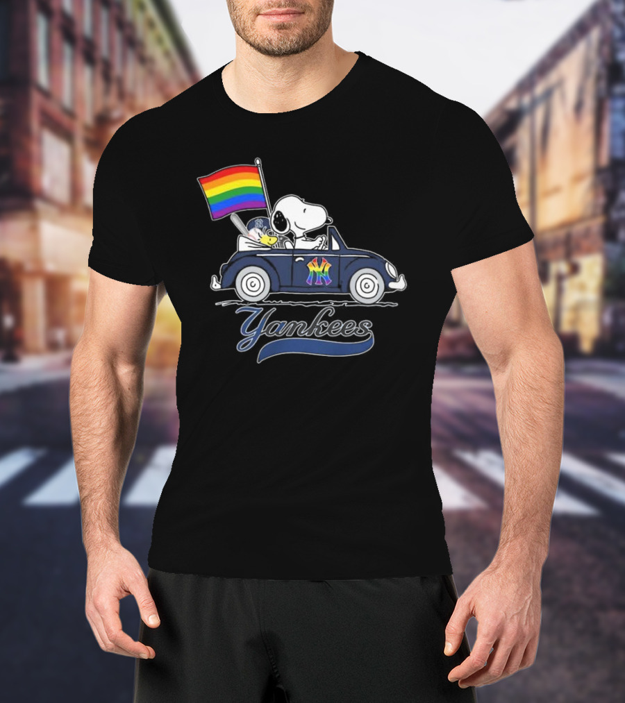Snoopy And Woodstock Driving Car With Pride Flag New York Yankees T-Shirt