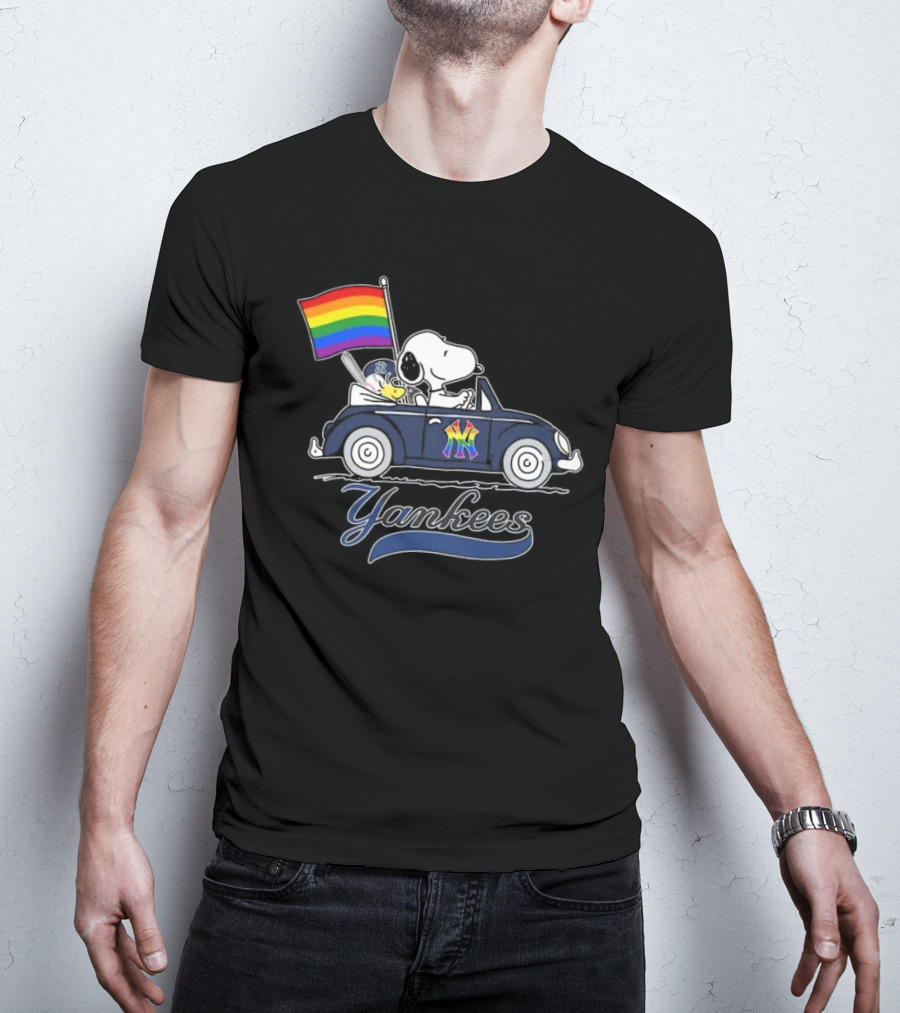 Snoopy And Woodstock Driving Car With Pride Flag New York Yankees T-Shirt