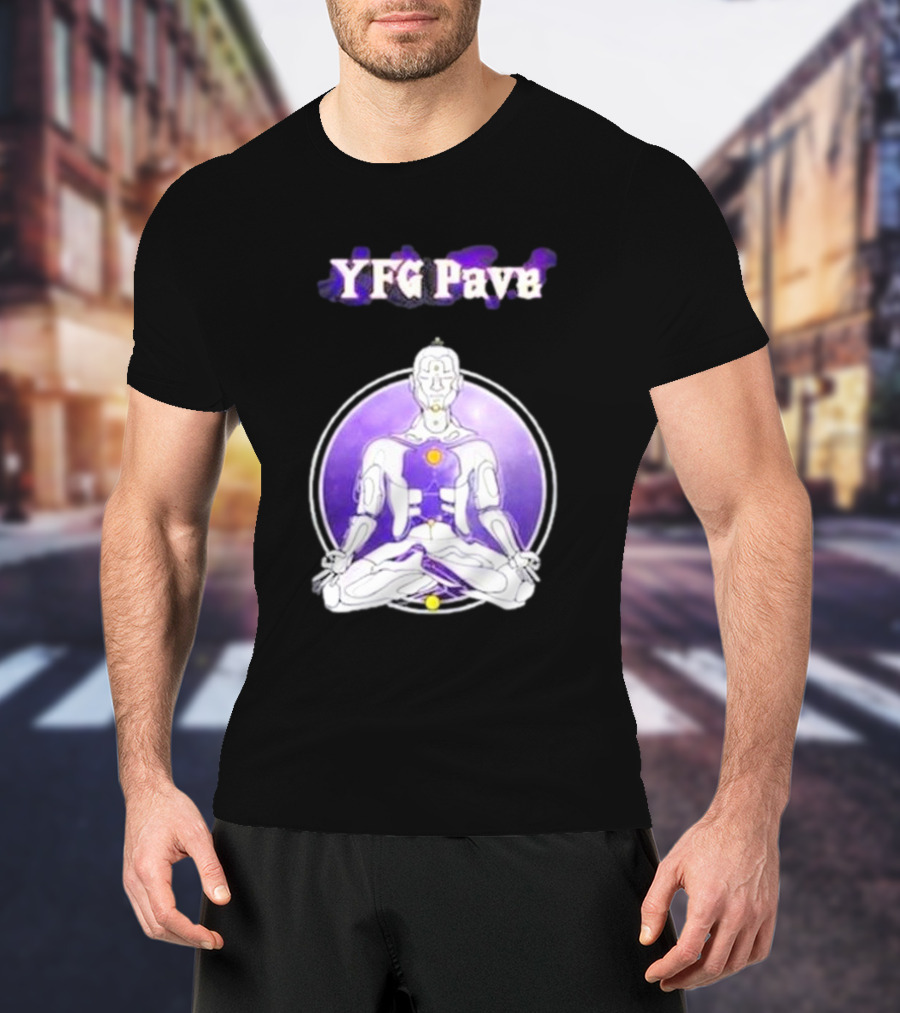 YFG Pave 444 Meditating Robotic Figure Purple Mandala T-Shirt
