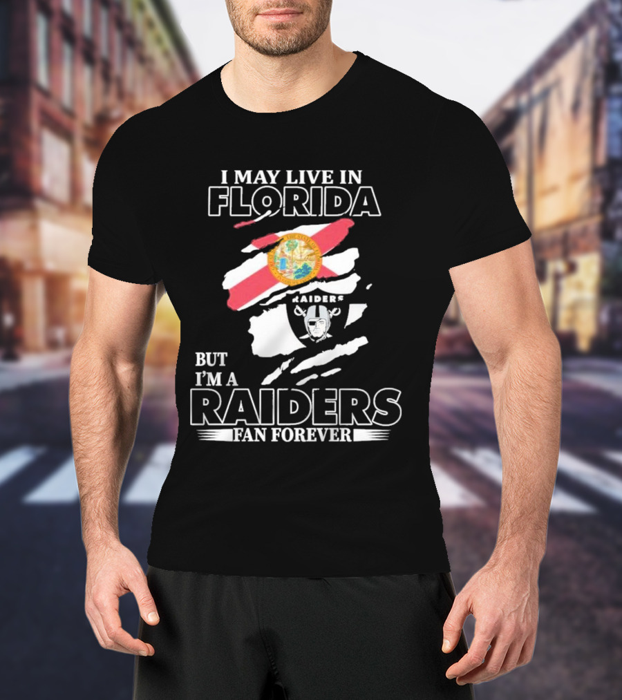 Las Vegas Raiders Fan Forever Living In Florida With Team Logo And State Flag T-Shirt