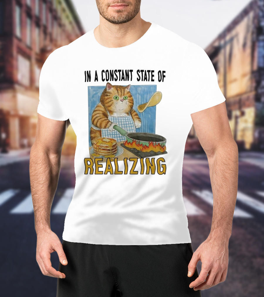 In A Constant State Of Realizing Cat Cooking Pancakes Flame Pan T-Shirt