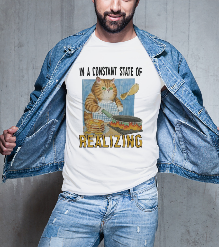 In A Constant State Of Realizing Cat Cooking Pancakes Flame Pan T-Shirt