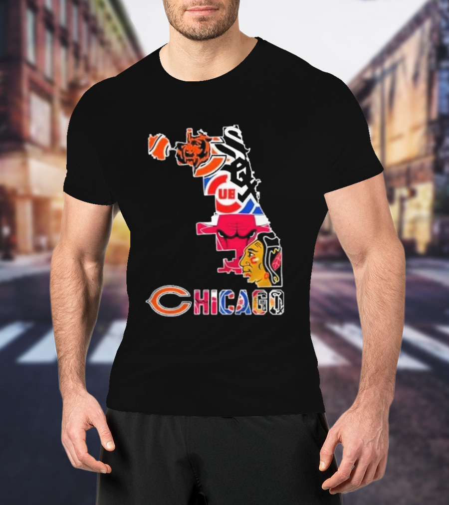 Chicago Bears Bulls Cubs White Sox Blackhawks Map T-Shirt