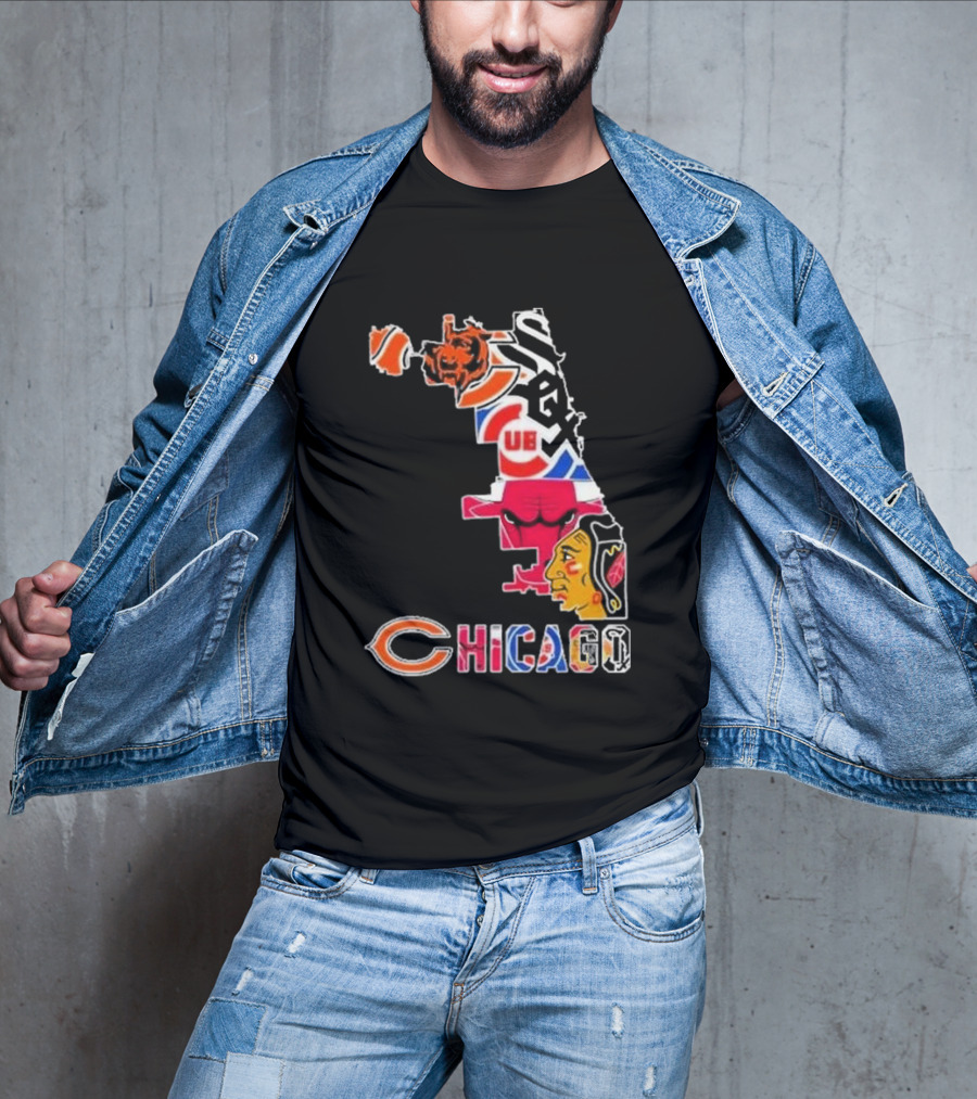 Chicago Bears Bulls Cubs White Sox Blackhawks Map T-Shirt