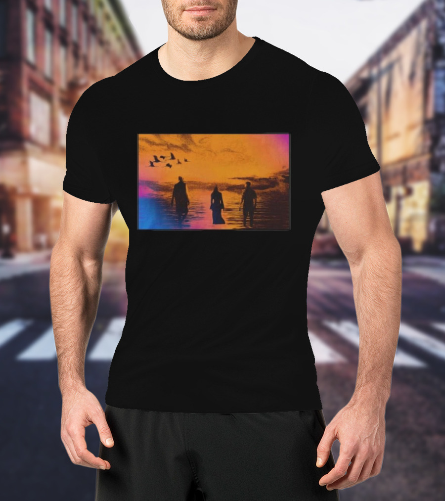 Sun Came Up Sofi Tukker Silhouettes Walking At Sunrise With Birds On Colorful Horizon T-Shirt