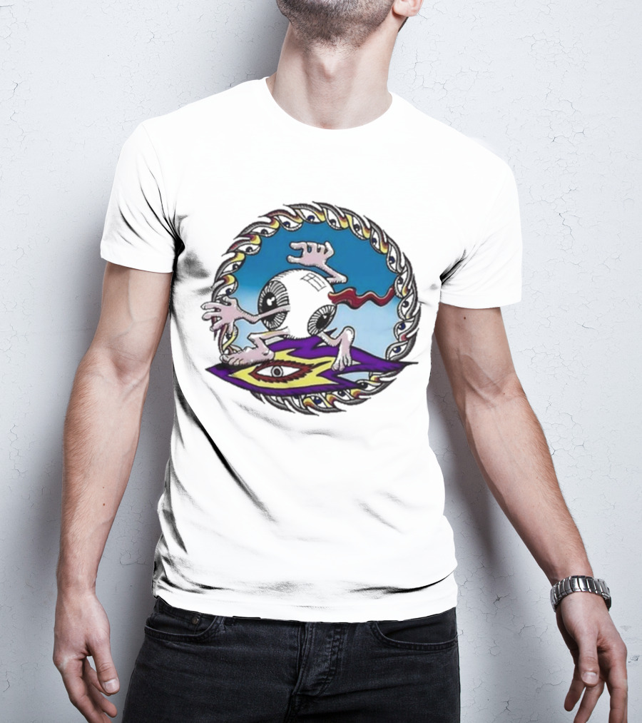 Spiral Eye Surfing Disc With Hands And Vibrant T-Shirt