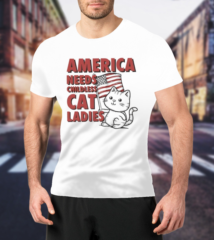America Needs Childless Cat Ladies Cat With American Flag T-Shirt