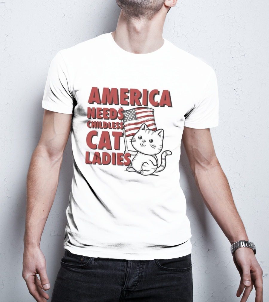 America Needs Childless Cat Ladies Cat With American Flag T-Shirt