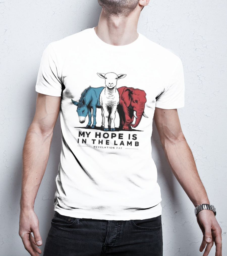My Hope Is In The Lamb Revelation 7:17 With Blue Donkey Black Lamb Red Elephant T-Shirt