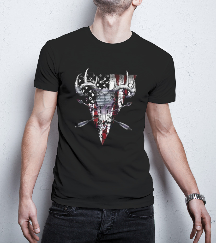 Retro Howitzer Deer Skull With Arrows And American Flag Background T-Shirt