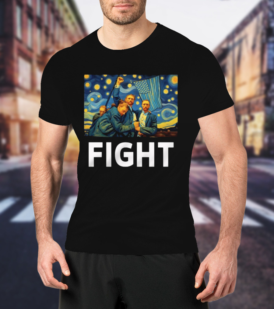 Fight Van Gogh Starry Night American Flag Fist Raised T-Shirt