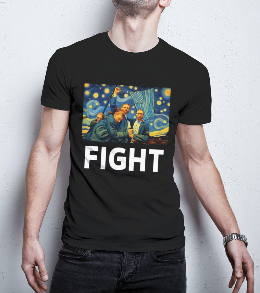 Fight Van Gogh Starry Night American Flag Fist Raised T-Shirt