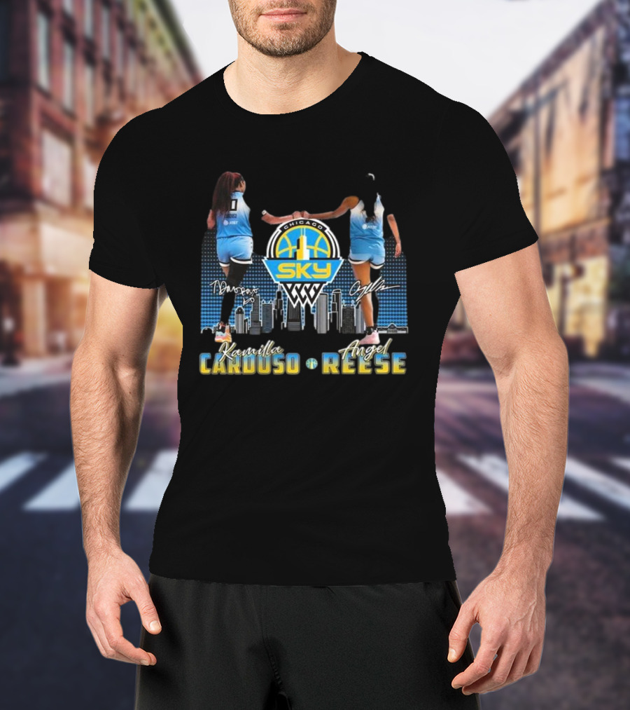 Chicago Sky WNBA Kamilla Cardoso Angel Reese Skyline Basketball Signatures T-Shirt