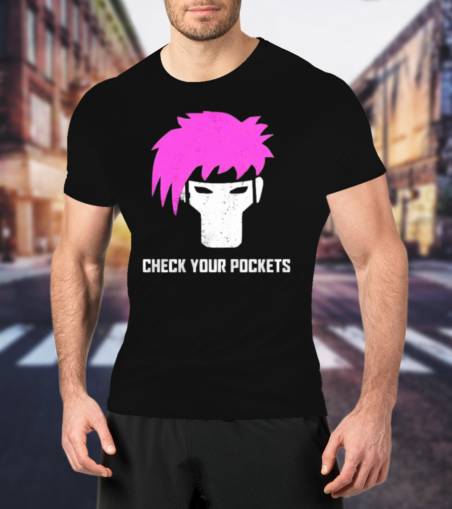 Check Your Pockets Pink Hair Masked Face T-Shirt