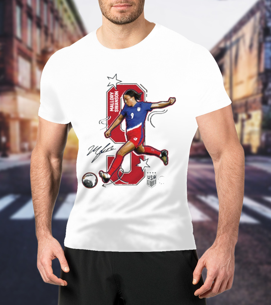 Mallory Swanson Number 9 USWNT Signature Red And Blue Player Action T-Shirt