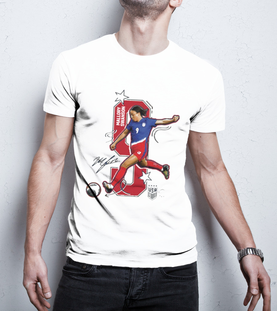 Mallory Swanson Number 9 USWNT Signature Red And Blue Player Action T-Shirt