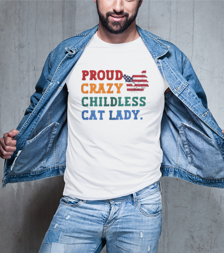 Proud Crazy Childless Cat Lady American Flag Cat T-Shirt