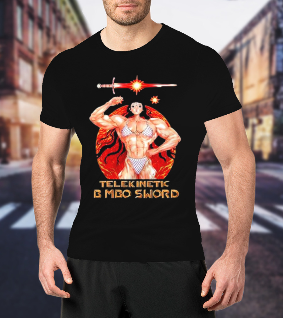 Reweki Telekinetic Bimbo Sword Muscle Warrior With Flaming Background T-Shirt