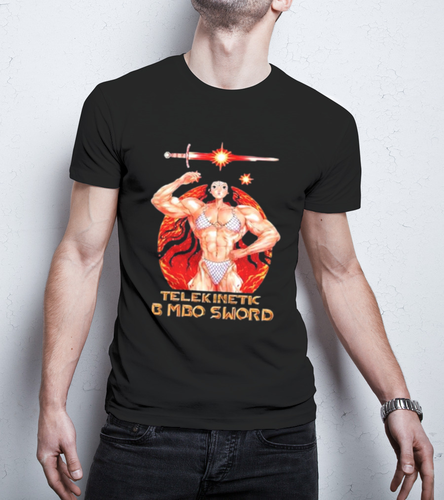 Reweki Telekinetic Bimbo Sword Muscle Warrior With Flaming Background T-Shirt