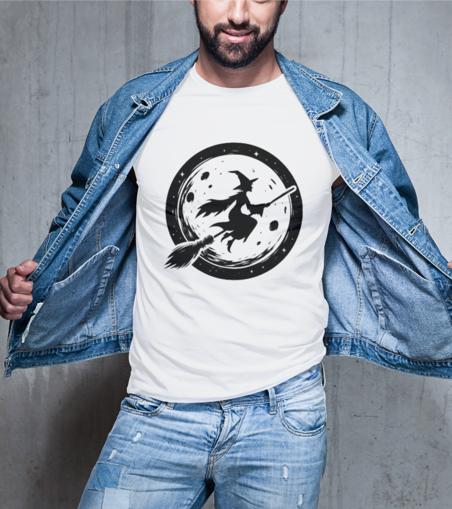 Spooky Halloween Witch Flying Across Full Moon Night T-Shirt