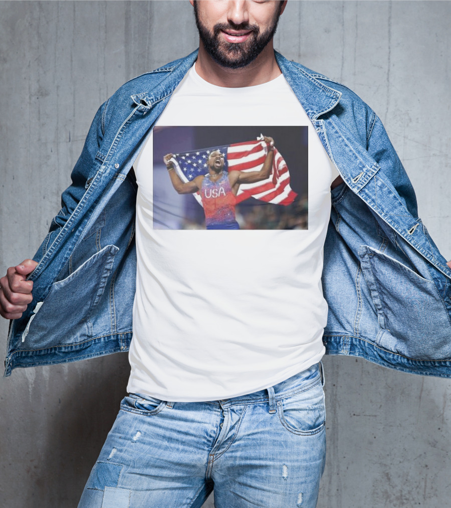 USA Track Champion Noah Lyles Celebrates 100M Victory Paris Olympics T-Shirt