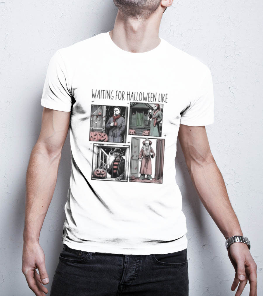 Waiting For Halloween Like Horror Movie Characters With Pumpkins And Costumes T-Shirt