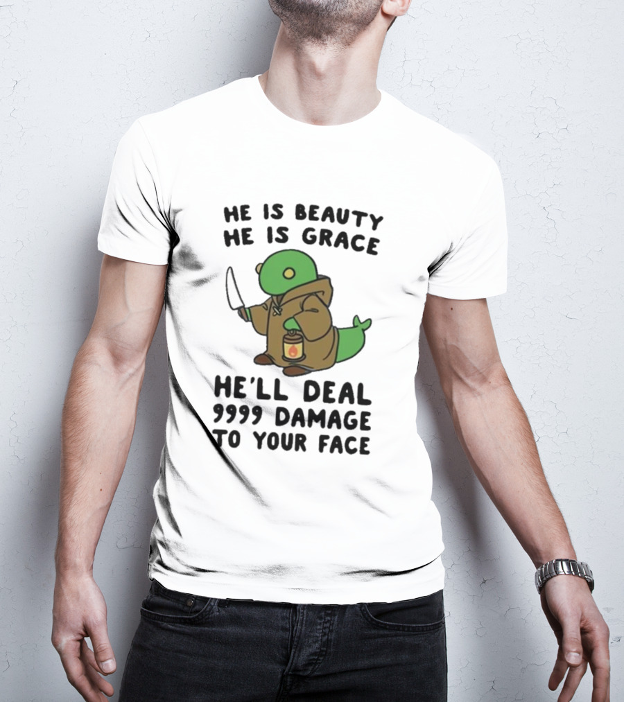 He Is Beauty He Is Grace He’ll Deal 9999 Damage To Your Face Lantern-Wielding Creature In Brown Robe With Knife T-Shirt