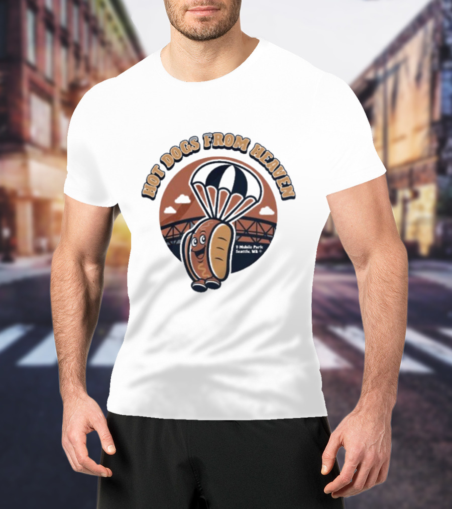 Hot Dogs From Heaven Parachuting Cartoon Bridge Scene T-Shirt
